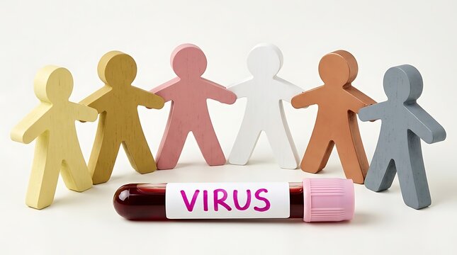 Diverse wooden human figures standing behind a blood sample vial labeled with virus tag