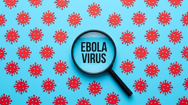 Ebola virus text under a magnifying glass on a blue background with virus icons