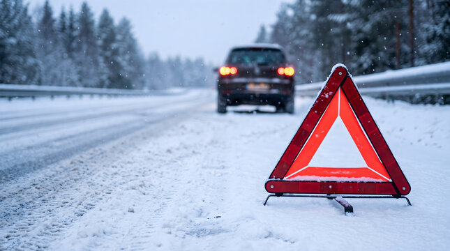 Red warning triangle placed on a snowy winter road with a parked car in the blurred distance, emergency breakdown situation, hazardous driving conditions.