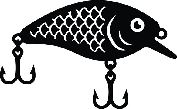 Black fishing lure with treble hooks in silhouette against a white background