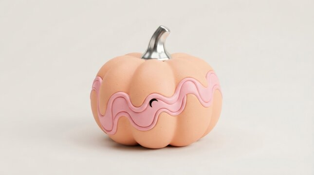 Pastel peach pumpkin with silver stem and pink wavy accent on white background. Disco Halloween decor with cute minimalist design. Groovy autumn aesthetic for party