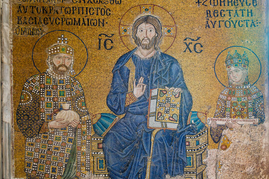 The Empress Zoe Mosaic, an 11th-century Byzantine gold-and-glass mosaic depicting Jesus Christ alongside Emperor Constantine and Empress Zoe in the Hagia Sophia, Istanbul, Turkey.