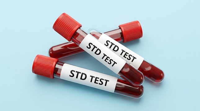 Medical test tubes with blood samples labeled for STD test on blue clinical background