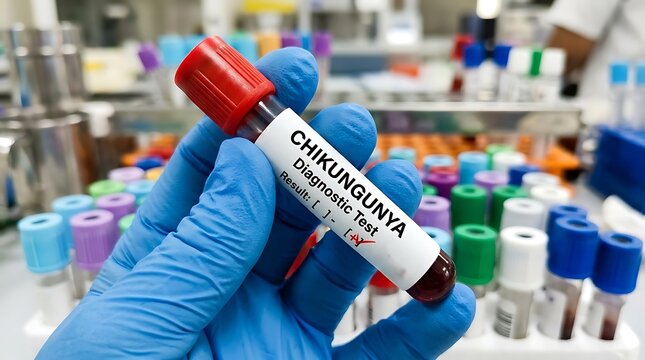 Scientist Holding A Positive Chikungunya Virus Blood Test Tube In A Medical Laboratory Setting
