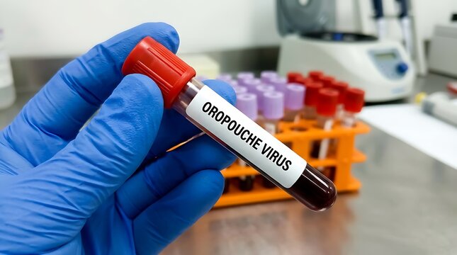 Scientist Holding Blood Sample Test Tube Labeled Oropouche Virus in Medical Laboratory