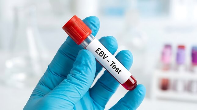 Scientist holding blood sample tube for EBV test in a professional medical laboratory