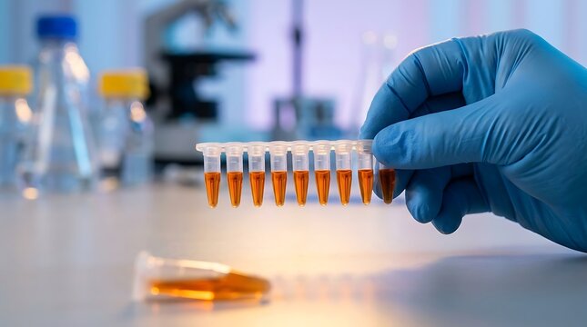 Scientist holding PCR strip with orange liquid samples in a professional medical laboratory