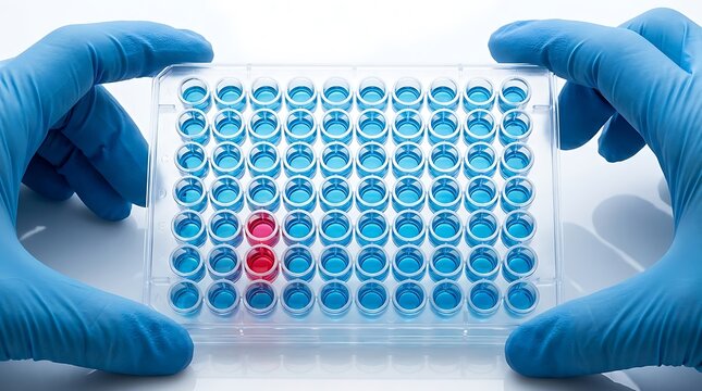 Scientist holding microplate with blue and red samples in a clinical laboratory setting