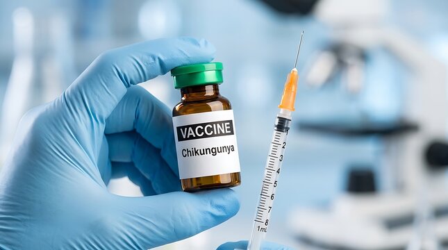 Scientist holding a vial of Chikungunya vaccine with syringe in medical laboratory