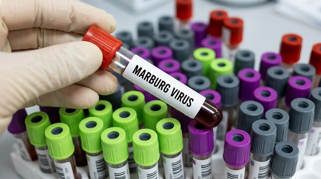 Scientist holding blood sample tube labeled Marburg Virus in medical laboratory testing