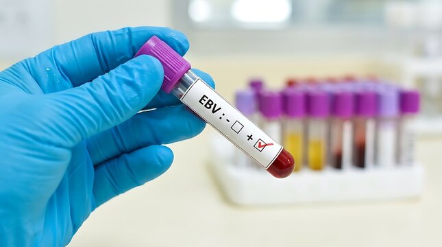 Scientist Holding Test Tube with Positive Epstein Barr Virus Blood Sample in Laboratory