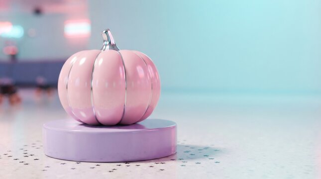 Glossy pink pumpkin with chrome stem on pastel podium with star confetti. Pastel disco Halloween party decoration with neon light