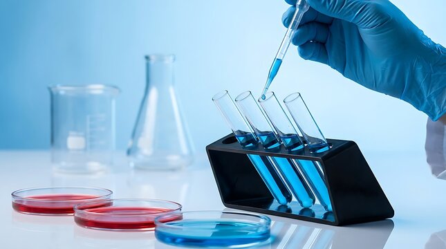 Scientist using pipette to drop blue liquid into test tube in medical research laboratory