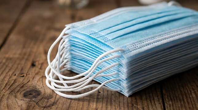 Stack of protective medical face masks for health safety on a rustic wooden table background