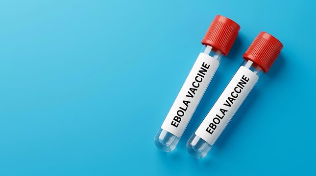 Two medical test tubes with Ebola vaccine labels isolated on a bright blue background
