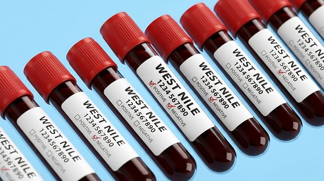 West Nile Virus Blood Test Samples in Laboratory Vials on Blue Background