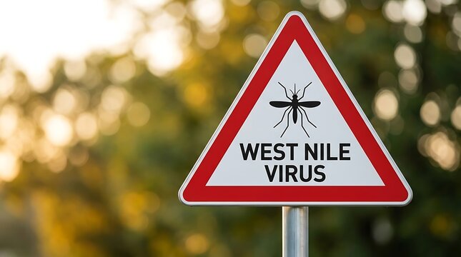 West Nile Virus warning sign with mosquito icon outdoors in a natural green environment