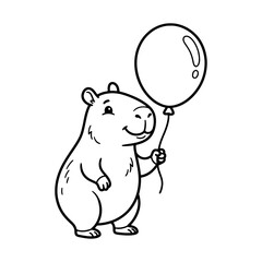 Fototapeta premium Happy Capybara holding a red balloon with a cheerful expression in simple outline style