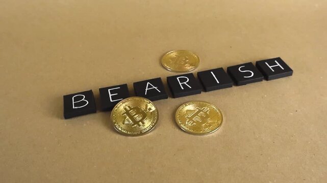 Golden bitcoin coins next to the word bearish spelled with black tiles on a paper background, symbolizing a pessimistic market trend, financial crisis, and investment risk
