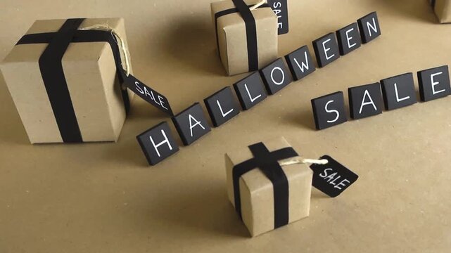 Halloween sale text with gift boxes wrapped in brown paper and black ribbons on a cardboard background, perfect for shopping announcements, holiday promotions, and commercial advertising