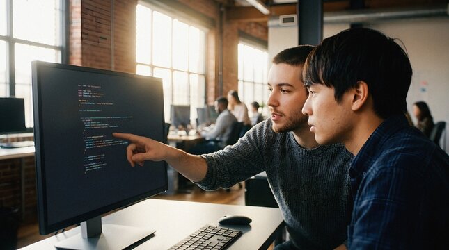 Male software developers collaborating on code at a computer in an office