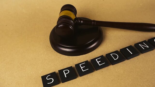 Legal concept illustrating a speeding traffic violation with letter tiles and a wooden judge gavel on a brown background, symbolizing traffic court, law, and justice for reckless driving