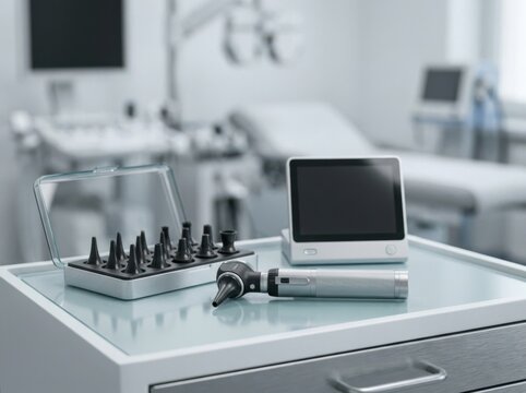 Otoscope and specula set on a medical examination table