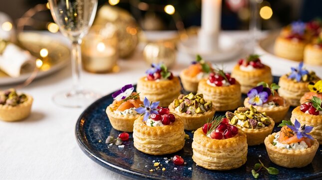 Gourmet appetizer board with savory puff pastry vol-au-vents for festive holiday catering
