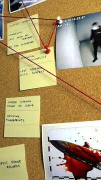 Corkboard with clues from a murder investigation, showing photos of suspects, the murder weapon, and documents with a red thread connecting the pieces of evidence together