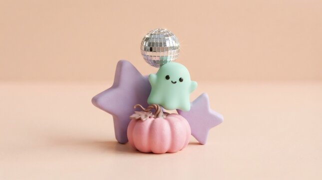 Cute pastel halloween composition with mint ghost pink pumpkin disco ball and star decoration. Trendy disco halloween party concept with groovy spooky season aesthetic