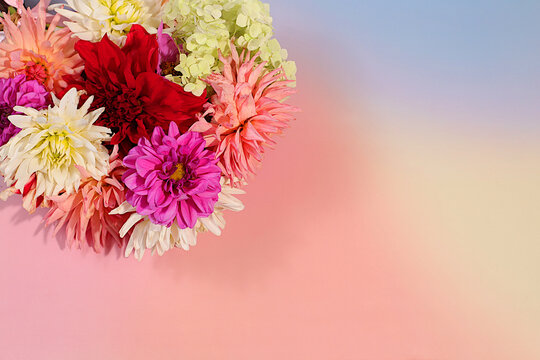 Sunny greeting card with a beautiful bouquet of dahlias, abstract floral arrangement and autumn still life with seasonal flowers, background and banner for the screen, minimalist holiday concept,