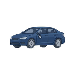 Naklejka premium Blue sedan car with a broken side mirror isolated on a white background