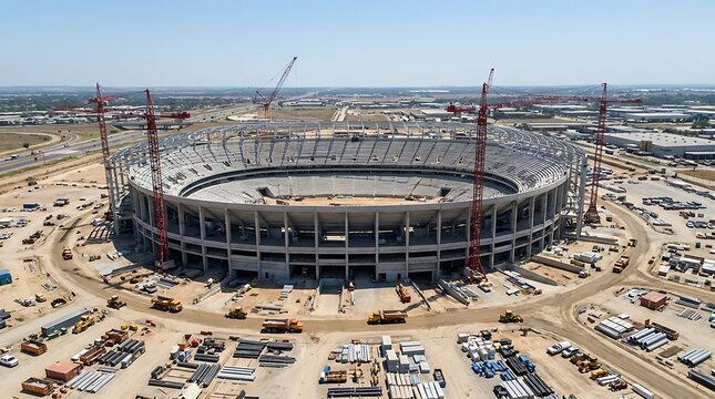 Sweeping aerial perspective of a massive, modern sports stadium under significant construction, highlighting numerous cranes shaping the impressive structure