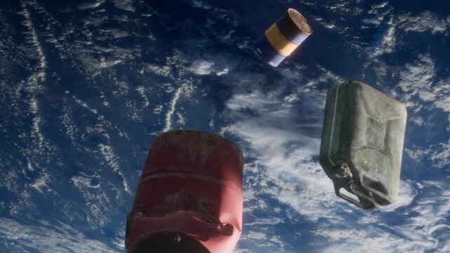 Debris from past missions is seen drifting in low Earth orbit. The image shows different shapes and colors of objects near the planets surface. This highlights the growing issue of space waste.