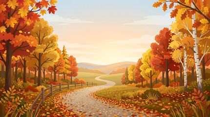Naklejka premium Vibrant autumn landscape illustration with a winding path through colorful fall trees and a golden sunrise