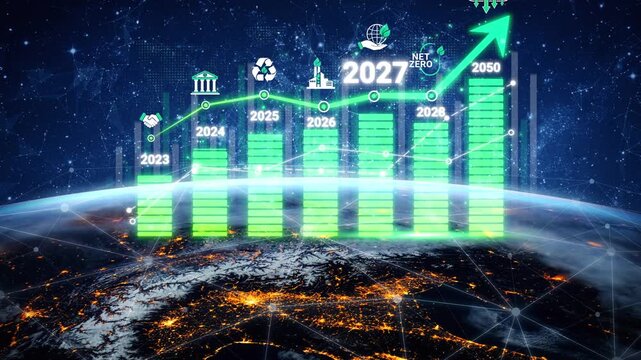 Global Carbon Emissions Reduction Timeline with Projected Net Zero Goals Illustrated with a Bar Chart and Earth View of Cities at Night Sigmoid