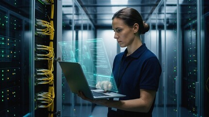 Fototapeta premium IT specialist analyzing data on a futuristic laptop in a server room.