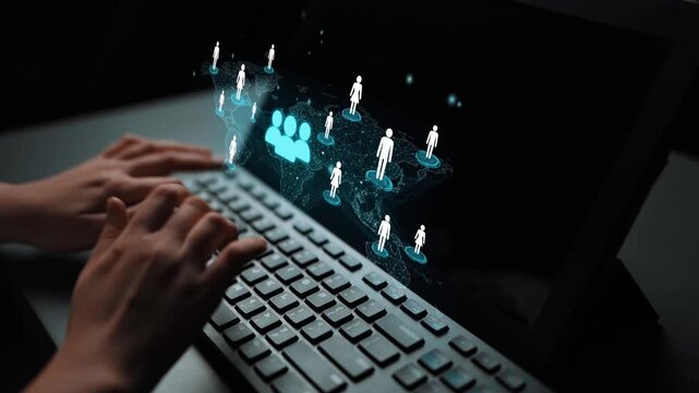 Hands Typing on Laptop with Digital Network Visualization of Human Connections and Interactions on Screen. Entropy.