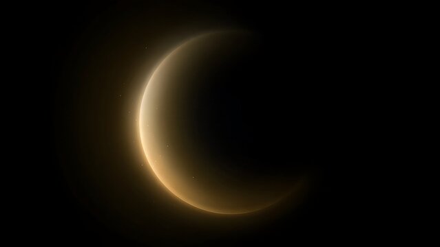 Crescent moon glow in dark space, golden lunar eclipse light, atmospheric celestial planet silhouette on black background