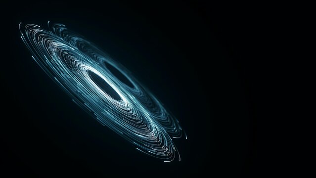 Futuristic glowing portal with blue light trails, abstract energy vortex on black background, digital sci-fi cosmic swirl