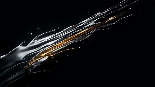 Metallic liquid splash on black background, luxury gold and silver fluid motion, abstract chrome wave with droplets