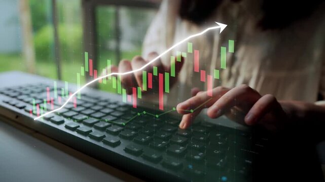 A business professional is engaged in stock market analysis using a keyboard, with vibrant candlestick charts illustrating upward trends and financial opportunities. Copula