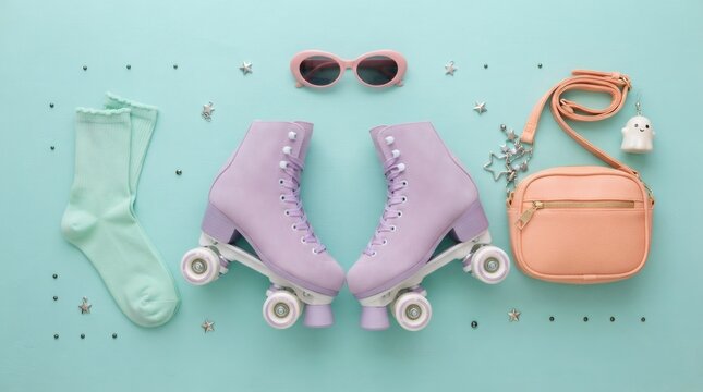 Pastel roller skate flat lay with ghost earring and retro accessory. Cute disco Halloween fashion concept with kawaii spooky style for party invitation and seasonal decoration