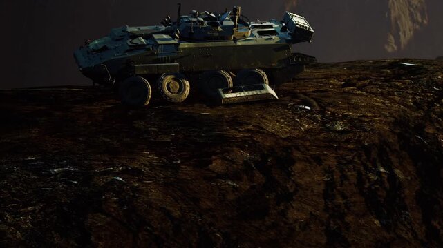 A military vehicle is positioned on rocky ground during an exploration mission on a distant planet. The scene shows rough terrain and a dark sky in the background.