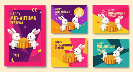 Fototapeta premium Midautumn festival greeting card collection with cute rabbits and mooncakes