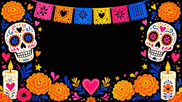 Colorful Day of the Dead Folk Art Frame with Sugar Skulls, Marigolds, Candles and Papel Picado