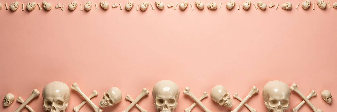 Human skulls and bones arranged in horizontal rows on a soft pink background, for halloween and, spooky themed holiday concepts