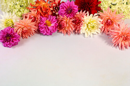 Autumn sunny banner with dahlia flowers and space for text, abstract floral arrangement and autumn still life with beautiful flowers, background and template for screen, minimalist holiday concept,