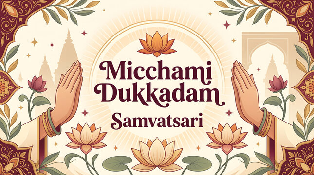 Jainism micchami dukkadam samvatsari greeting with prayer hands and lotus.