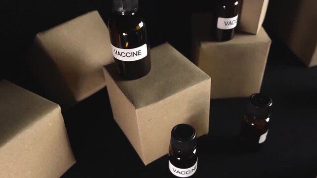 Pharmaceutical vials containing a new vaccine dose are ready for transport, placed on top of small cardboard shipping boxes against a dark background, representing global logistics and immunization